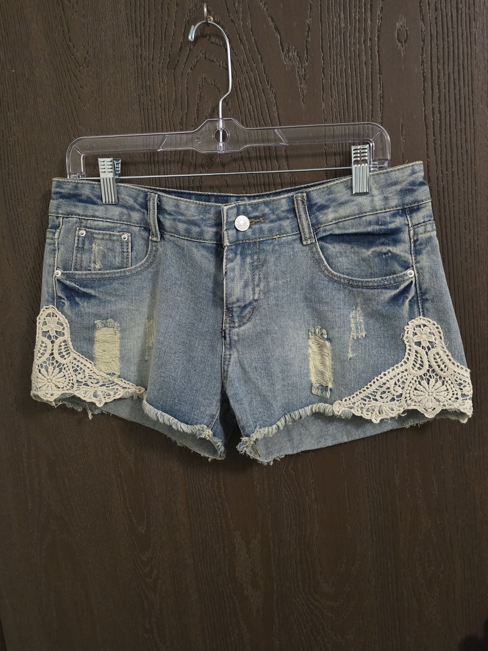 Light Blue Denim Jean Shorts with Cream Crochet Trim